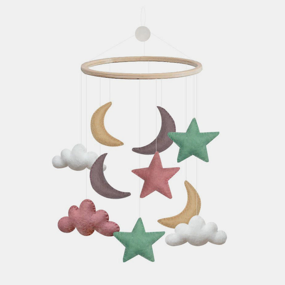  handmade baby mobile with colorful moon stars and clouds by Gamcha in Amsterdam Netherlands