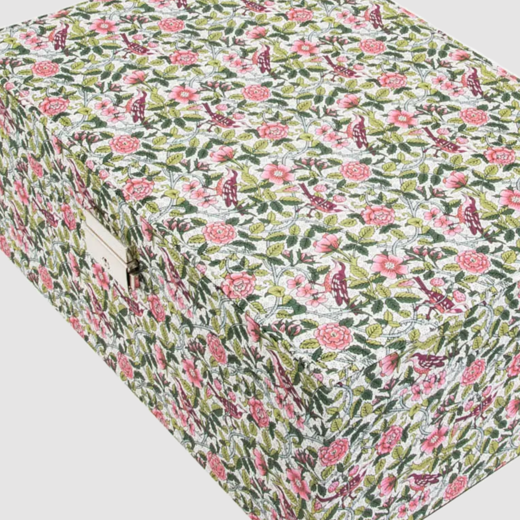 Floral fabric in pink and green jewelry box with velvet inside in Amsterdam Netherlands