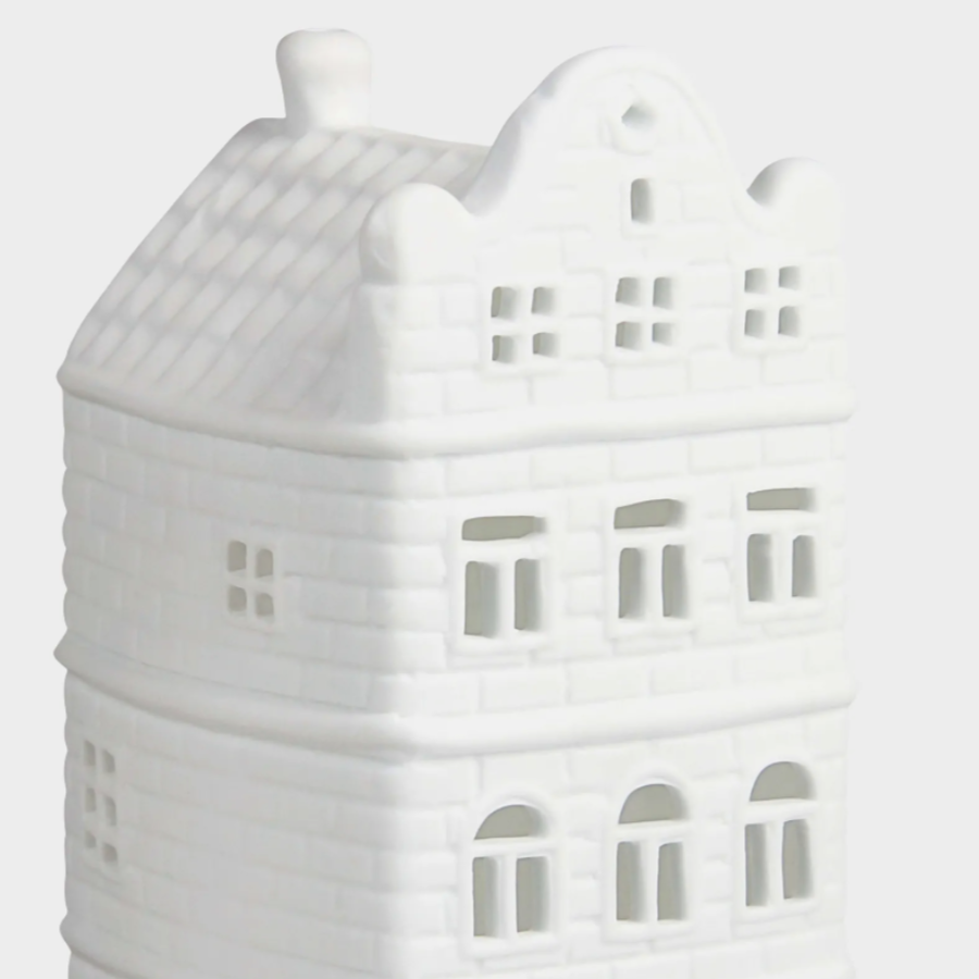 Ceramic Canal House Tea Light Holder with rounded windows close up