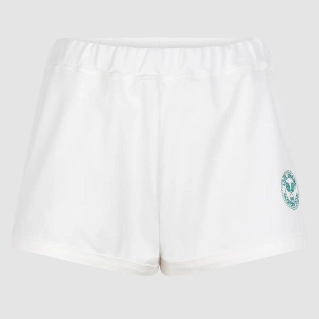 Love Stories Jersey Cotton Tennis Shorts in White with Green Logo in Amsterdam Netherlands