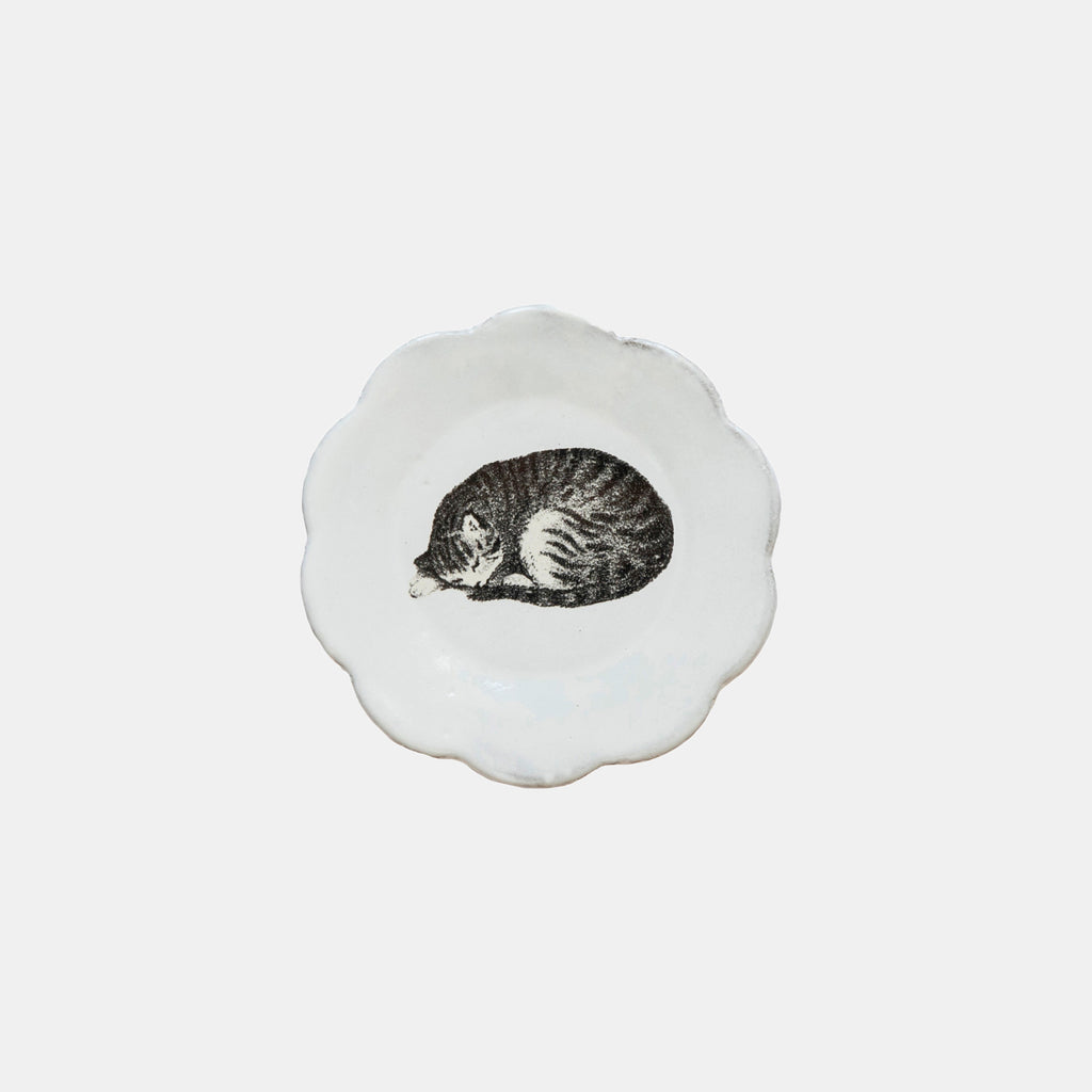 Small scalloped white ceramic dish with sleeping cat by Astier de Villatte in Amsterdam Nederlands