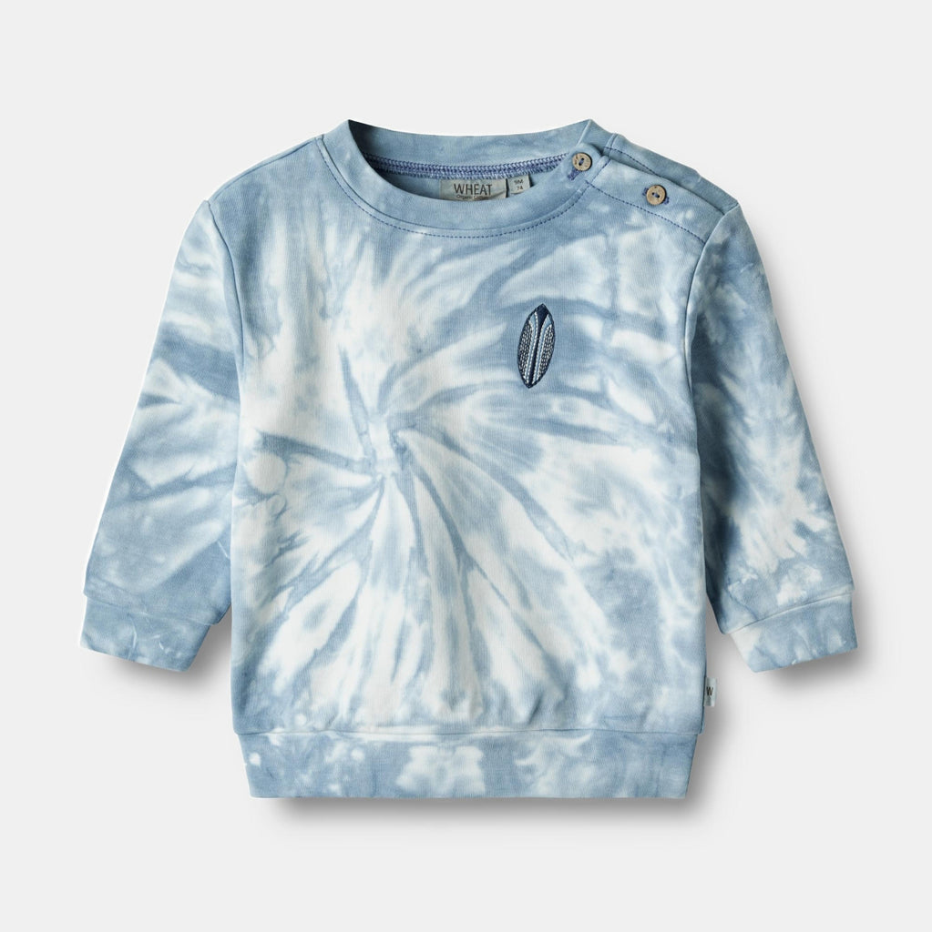 Blue tie-dye sweatshirt for baby or toddlers by Wheat in Amsterdam Nederlands