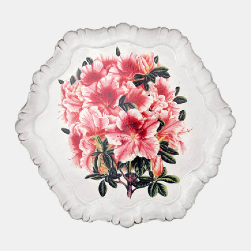 Ceramic floret white dish with pink azalea flower