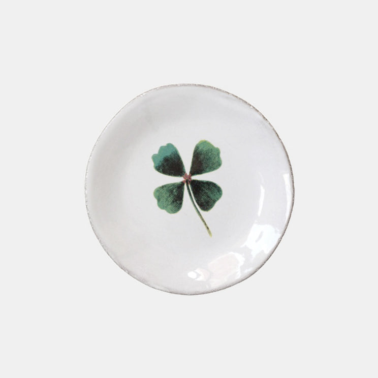 White ceramic plate dish with green lucky four leaf clover by John Derian