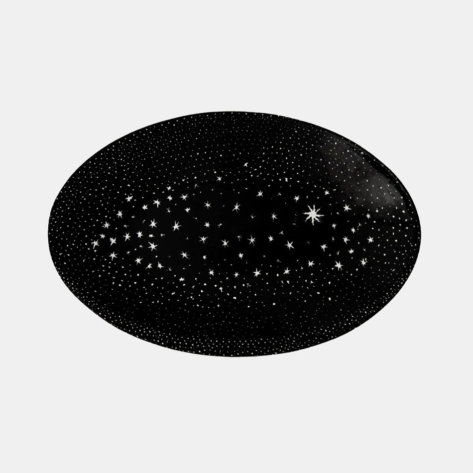 Black ceramic dish platter with white stars in constellations by John Derian