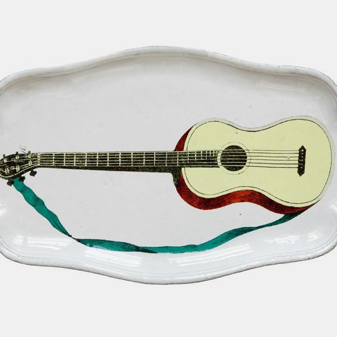 Ceramic white platter dish with guitar by John Derian close up