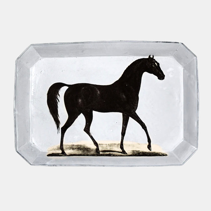 White ceramic platter with black horse