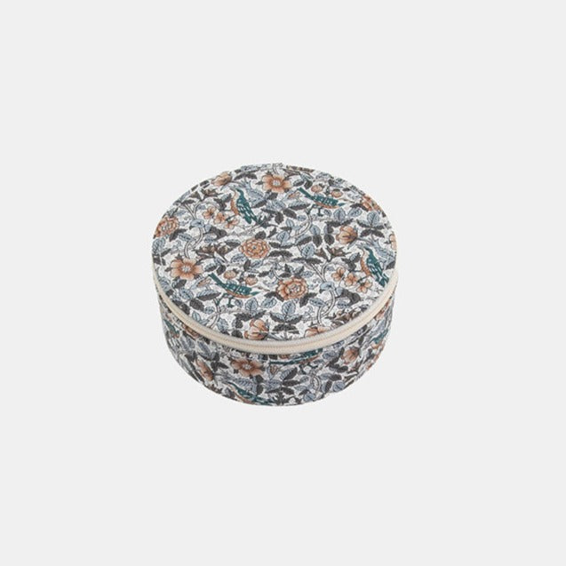 Liberty  fabric round jewelry box in grey blue