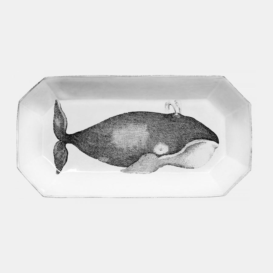 Ceramic white platter dish with black whale drawing by John Derian